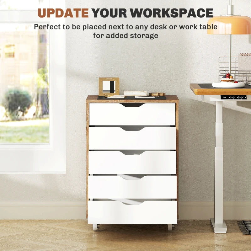 Vinsetto Oak Brown Five-Drawer Filing Cabinet on Wheels - Stylish Storage Solution for Home Office & Workspace