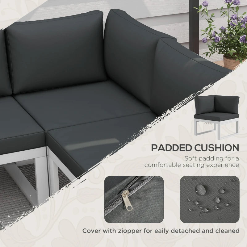 White Framed Metal Corner Sofa Set With Cushions & Woodgrain Table
