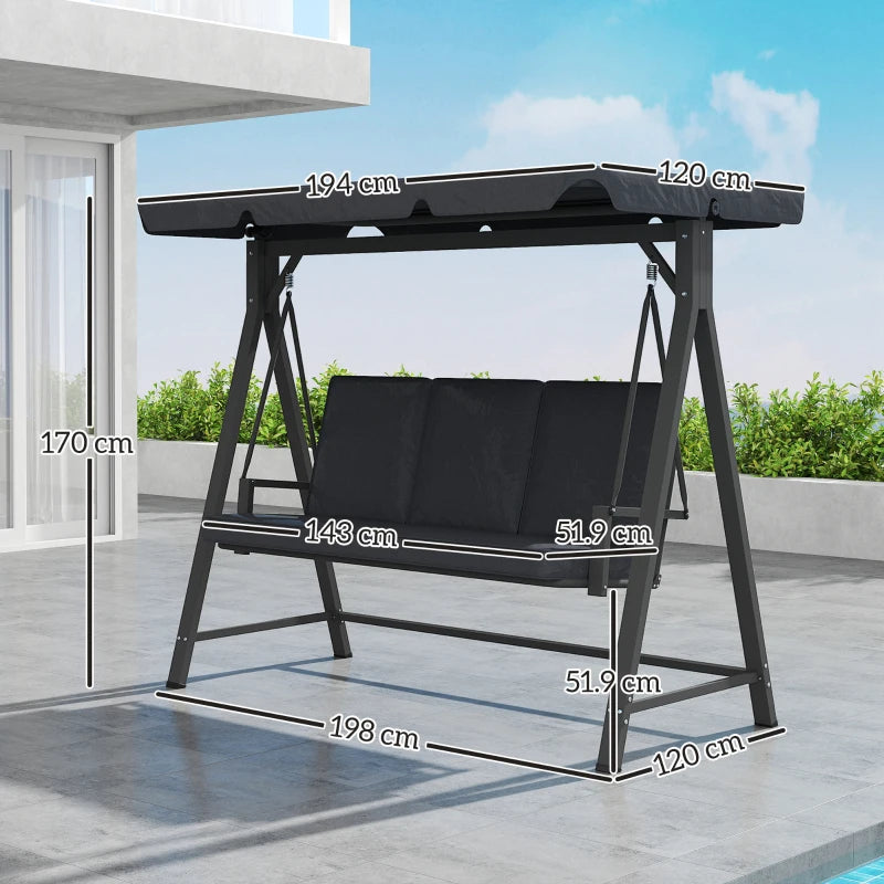 Dark Grey Three-Seater Garden Swing Bench with Adjustable Canopy for Outdoor Relaxation
