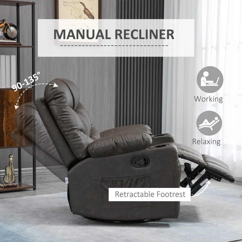 Manual Reclining Armchair with Faux Leather, Footrest and Cup Holders - Brown, 86x93x102cm