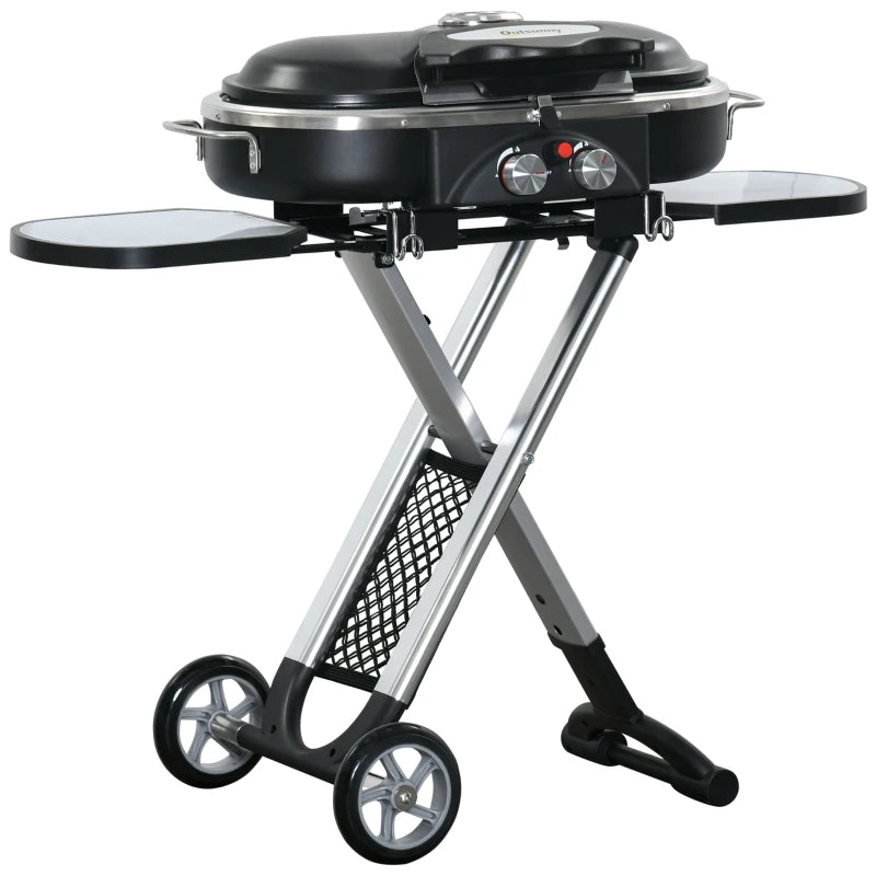 Foldable 2-Burner Gas BBQ Grill with Side Shelves - Black