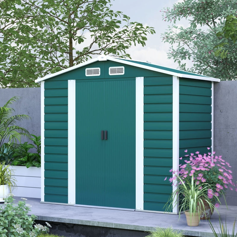 7ft x 4ft Green Metal Garden Shed - Easy Assembly, Galvanised Steel, Double Doors, Vents