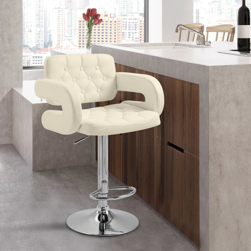 Beige PU Leather Swivel Bar Stool - Height Adjustable, Backrest, Armrests & Footrest for Comfort - Modern Design