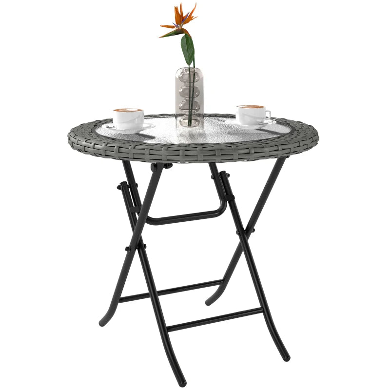 Folding Round Tempered Glass Garden Table - 60cm, Grey Rattan Edging