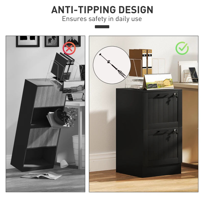Secure 2 Drawer Filing Cabinet with Lock - Adjustable Hanging Bars for A4 Files - Stylish Black Office Storage Solution