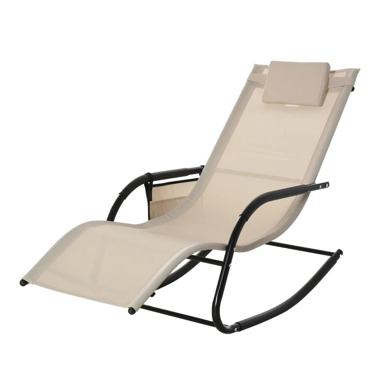 Outdoor Rocking Chair with Mesh Fabric, Headrest, Armrest, Storage Bag - Cream White