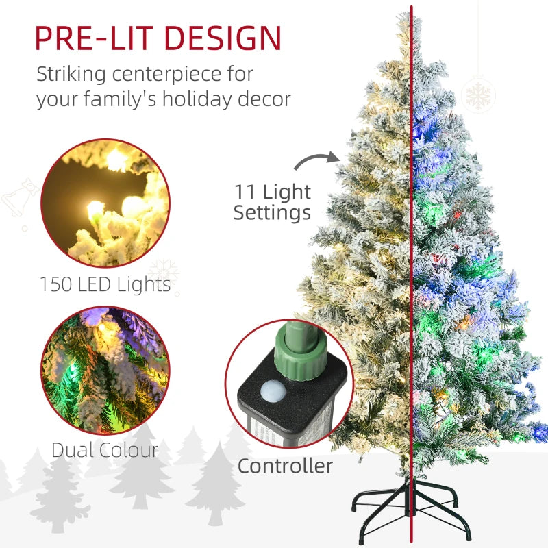 4.5' Artificial Snow Christmas Tree with Frosted Branches & LED Lights - Warm White or Colorful, Sturdy Steel Base