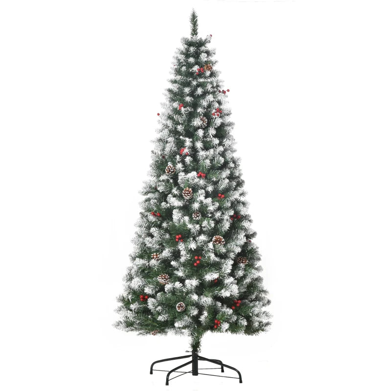 6FT Artificial Christmas Pencil Tree with Red Berries & Pinecones - Foldable Indoor Holiday Decoration, Green Xmas Tree