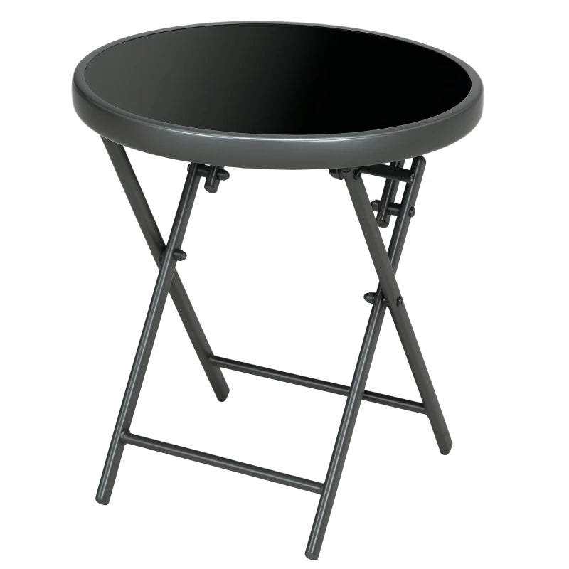 45cm Round Folding Garden Side Table - Outdoor Patio Coffee Table with Imitation Marble Glass Top - Black
