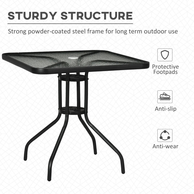 Square Glass Top Patio Dining Table, Steel Frame, Umbrella Hole, 76x76cm, Black