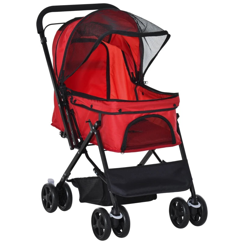 Foldable Pet Stroller for Dogs & Cats - Travel Pushchair with Reversible Handle, Brake & Storage Basket