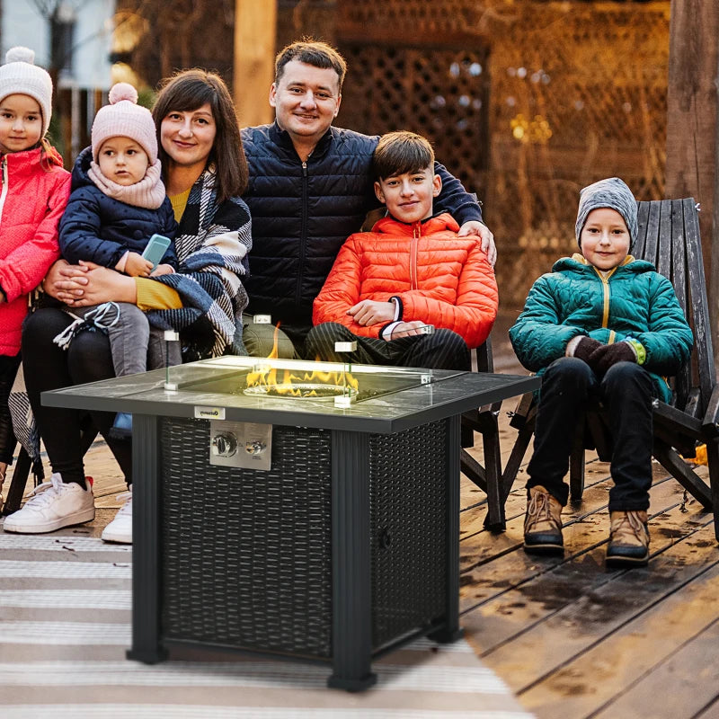 Black Rattan Gas Fire Pit Table with Marble Desktop and Glass Windscreen