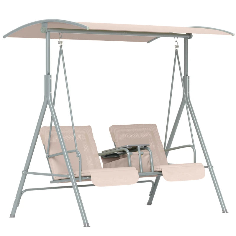 Beige 2-Seater Garden Swing Chair with Tilting Canopy, Double Padded Seats, Storage Bag and Tray