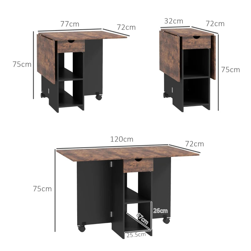 Rustic Brown Folding Dining Table with Drop Leaf, Storage Drawer & Shelves - Perfect for Small Spaces, Kitchen & Dining Room