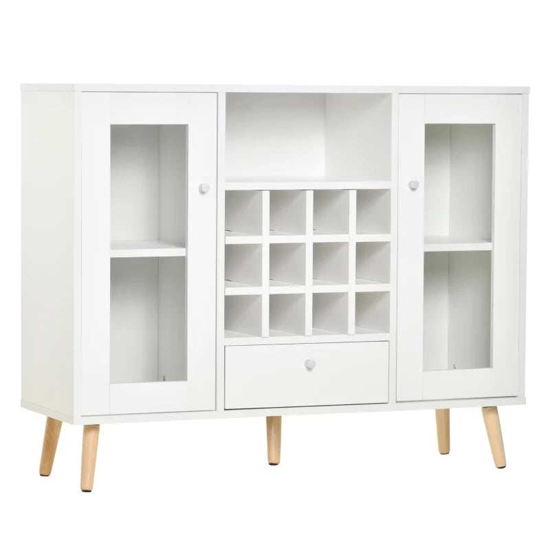 Modern White Sideboard Storage Cabinet with Glass Doors, Drawer & 12-Bottle Wine Rack for Kitchen, Dining & Living Room