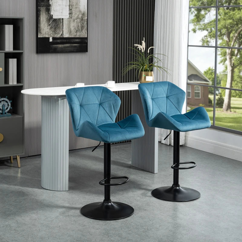 Luxurious Velvet Bar Stools Set of 2 - Adjustable Height Swivel with Metal Frame, Round Base, Blue Triangle Design