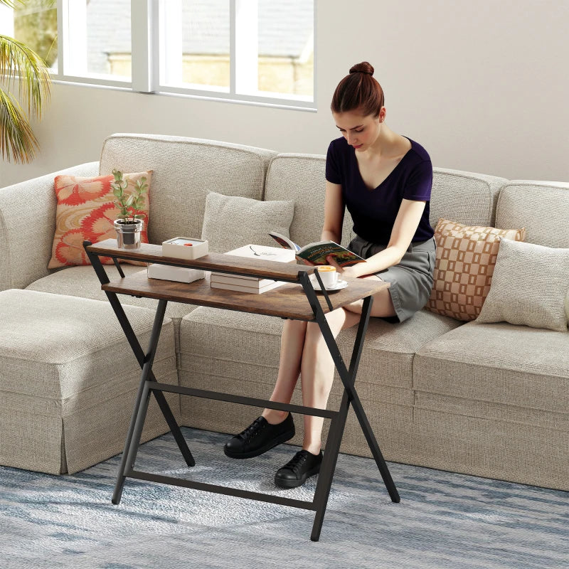 81.5 cm Rustic Brown Folding Computer Desk with Monitor Shelf - Space-Saving Home Office Furniture