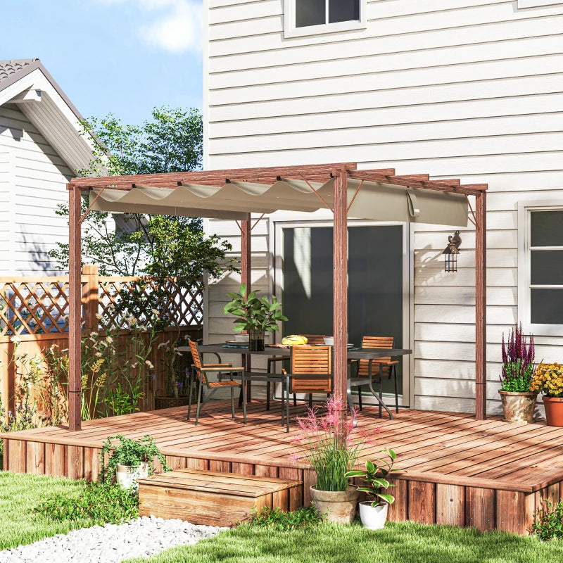 3 x 3 m Retractable Roof Pergola - Natural Wood Finish, Outdoor Shade Canopy