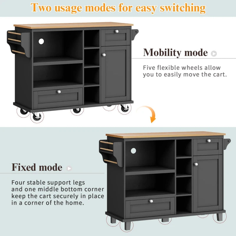 Mobile Kitchen Trolley with 5 Wheels, Drawers & Cupboards - Wooden Food Cart for Kitchen Organization, 129L x 46W x 92H cm, Black