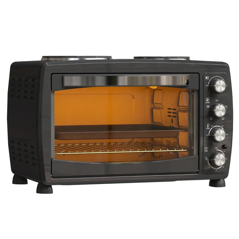 36L Electric Countertop Toaster Oven with 2 Hot Plates, Timer, Adjustable Temp, Baking Tray & Grill Rack - 2600W Black
