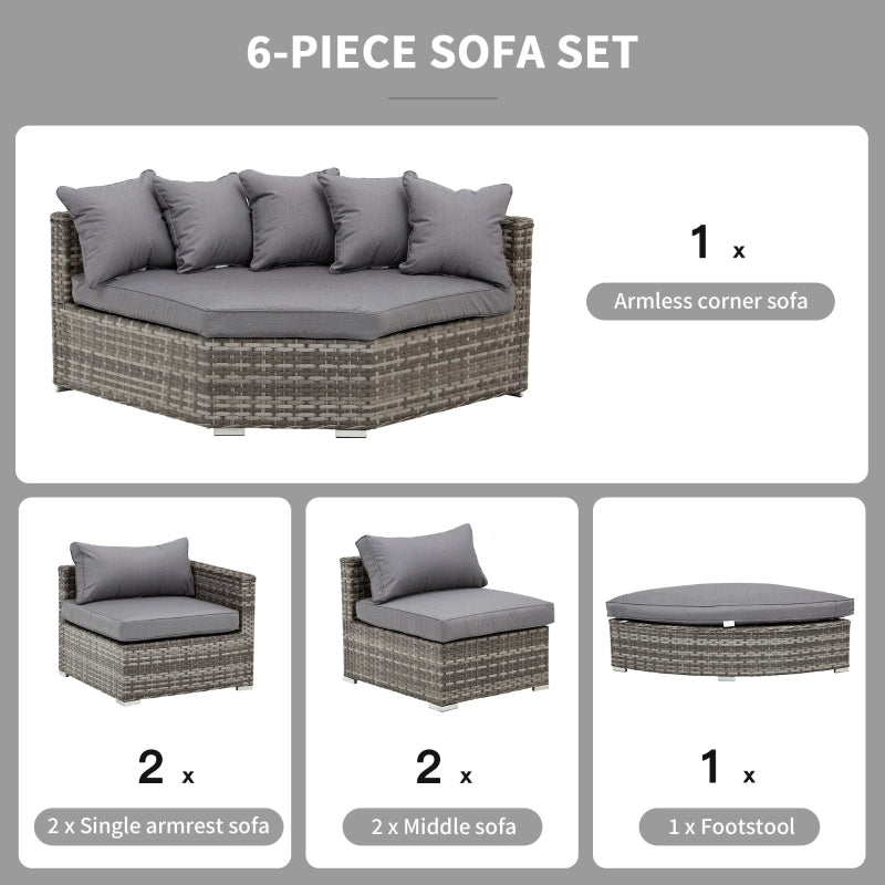 Grey 6-Piece PE Rattan Corner Sofa Set with Padded Cushions, Elegant Half-Round Rattan Corner Furniture