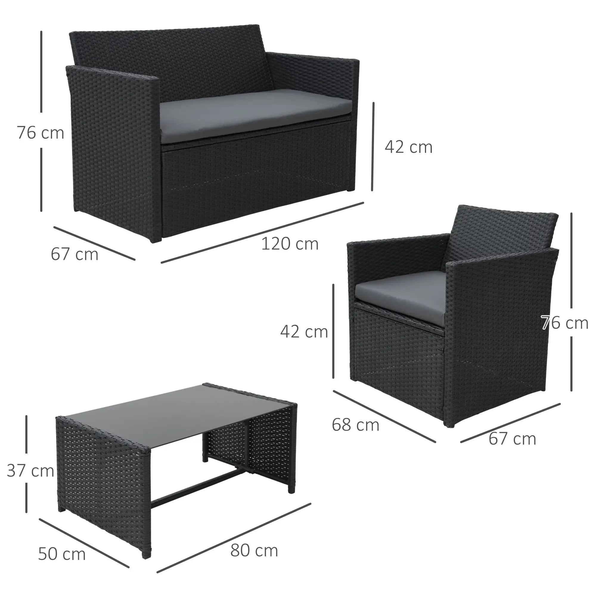 Black 4 Piece Rattan Furniture Set with Grey Cushions, 2 Armchairs and Dark Coffee Table