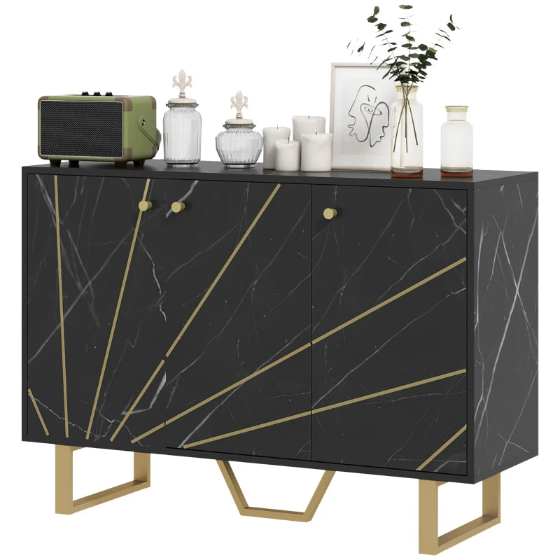 Modern Sideboard Storage Cabinet with Adjustable Shelves & Metal Legs - Black Marble Tone for Living Room, Kitchen, Dining Room, Entryway