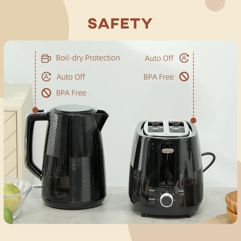 Premium Black Kettle & Toaster Set - 1.7L Fast Boil 3000W Kettle & 2 Slice Toaster with 7 Browning Levels
