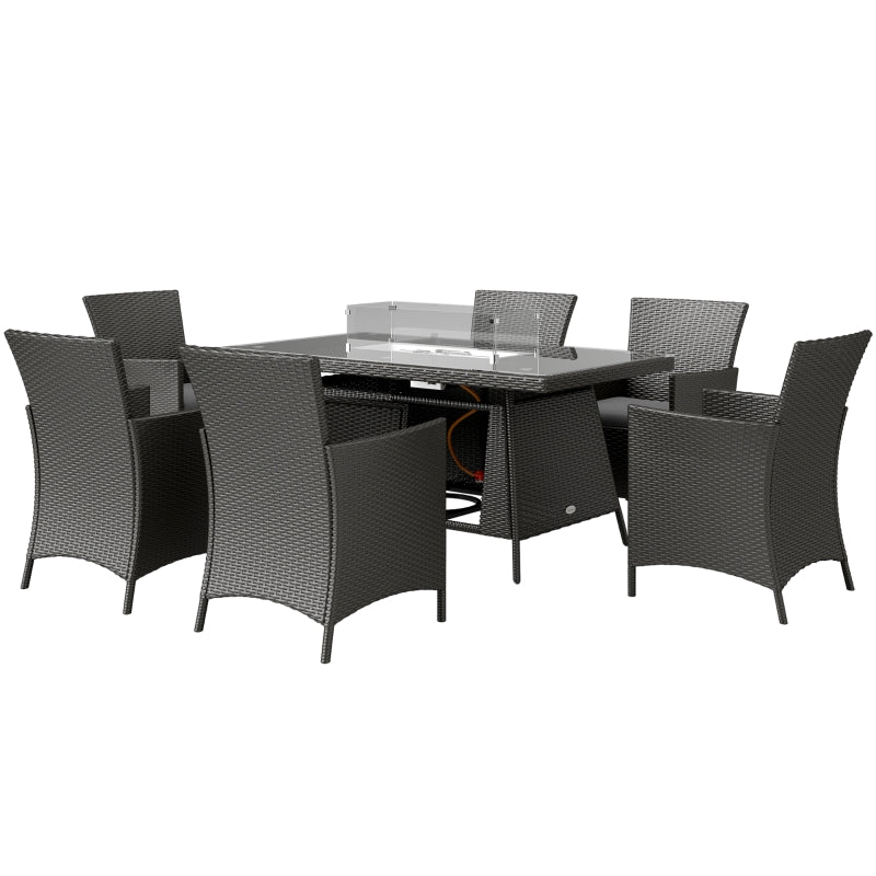 7-Piece Black Outdoor Rattan Garden Furniture Set with Fire Pit Table, 6-Seater Dining Set with Cushions and Propane Heater, 50,000 BTU