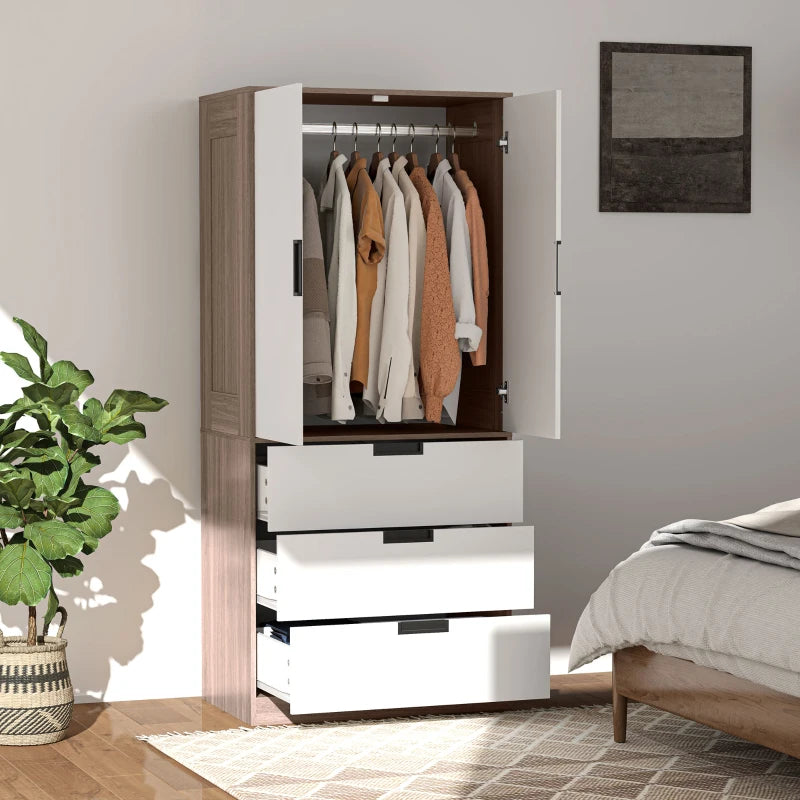 Stylish Two Door Wardrobe with Drawers for Bedroom Storage in White and Brown