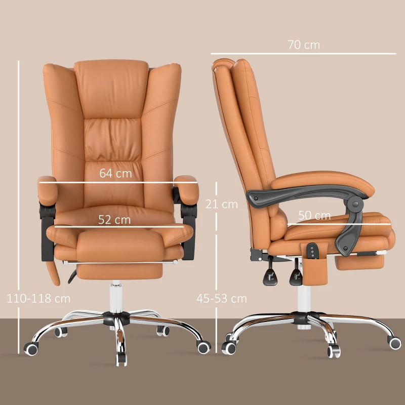 Vinsetto High Back Massage Office Chair with Heat, Reclining PU Leather Computer Chair, 135° Recline & Footrest - Light Brown