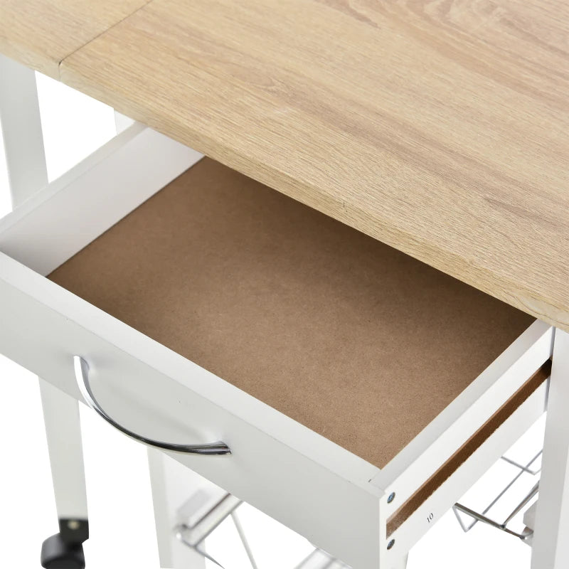 Drop-Leaf Kitchen Cart Trolley with 3 Baskets & Drawer - Rolling Storage Unit on 6 Wheels - White Oak Tone