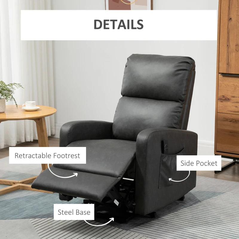 Recliner Chair for Elderly with Remote Control, PU Leather Upholstery, Side Pockets, Charcoal Grey