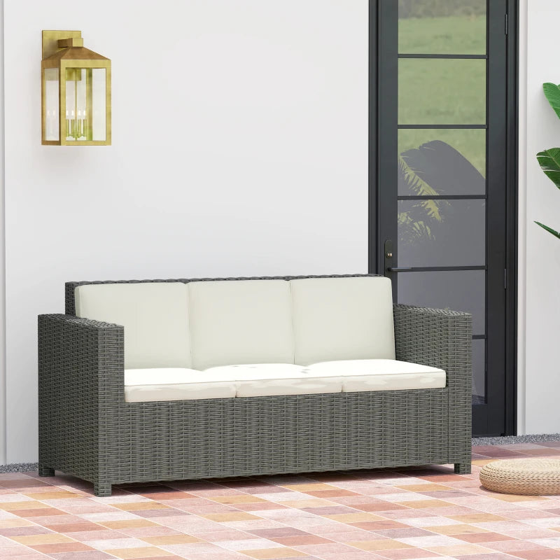 3 Seater Rattan Sofa - All-Weather Wicker Weave - Metal Frame - Fire Resistant Cushions - Cream