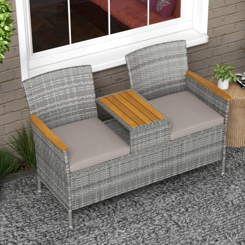 Grey Rattan Loveseat with Wood-Top Table
