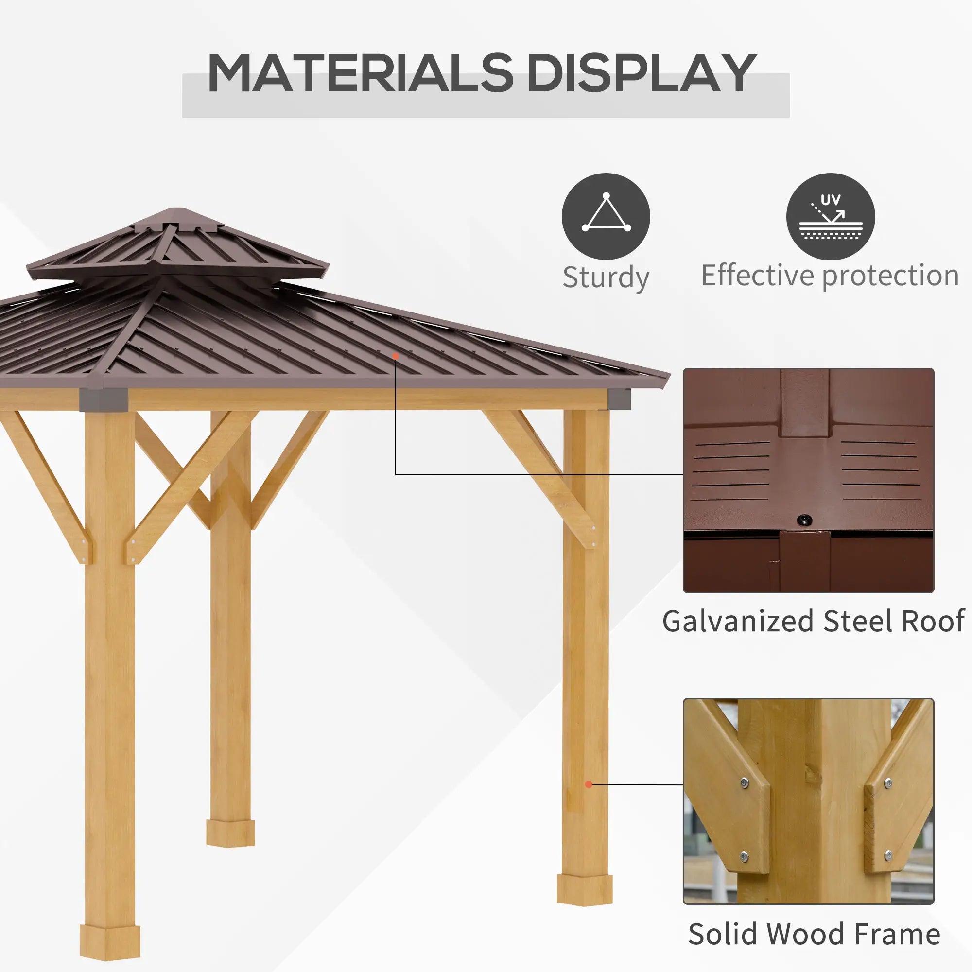 Brown 3m x 3m Hard Top Gazebo With 2-Tier Roof and Solid Wood Frame