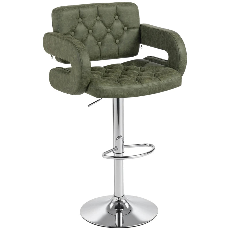 Green PU Leather Swivel Bar Stool - Height Adjustable, Upholstered with Back, Armrest & Footrest for Comfort