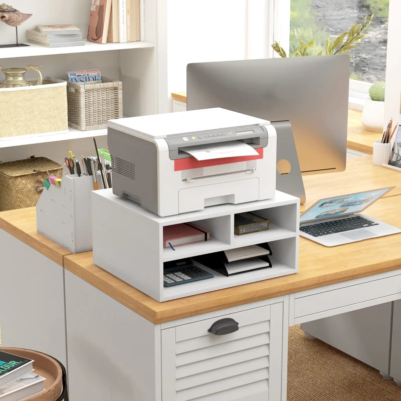Three-Compartment White Printer Storage Cabinet - Stylish Organization for Home Office, Compact Design, Easy Access Shelves