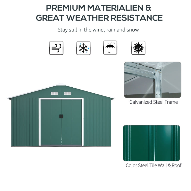 12.5ft x 11.1ft Large Green Metal Shed With Doors