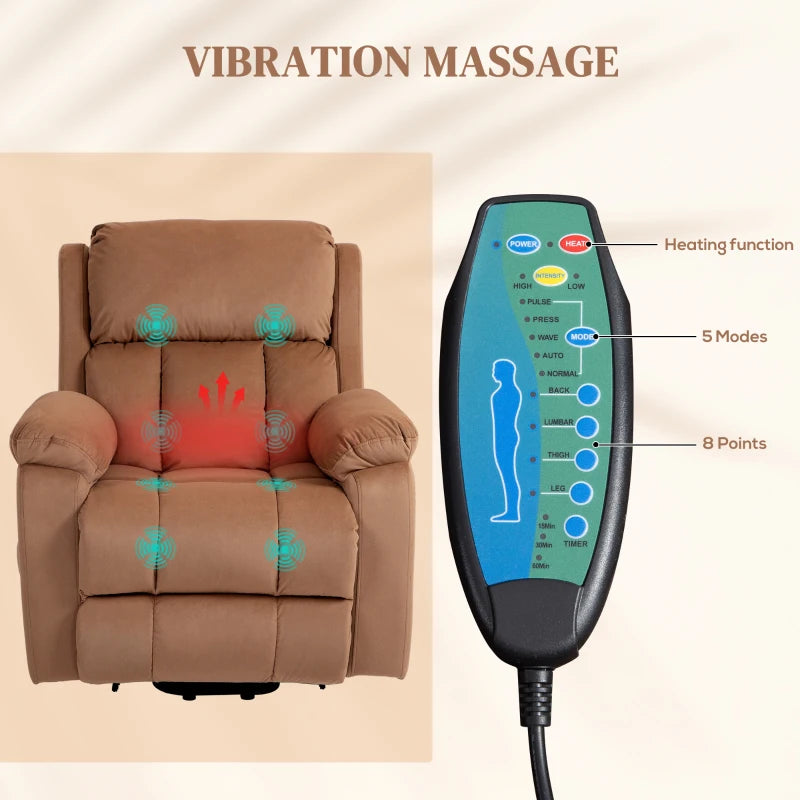 Electric Reclining Lift Chair with Eight Massage Points and Remote Control - Brown Comfort Solution