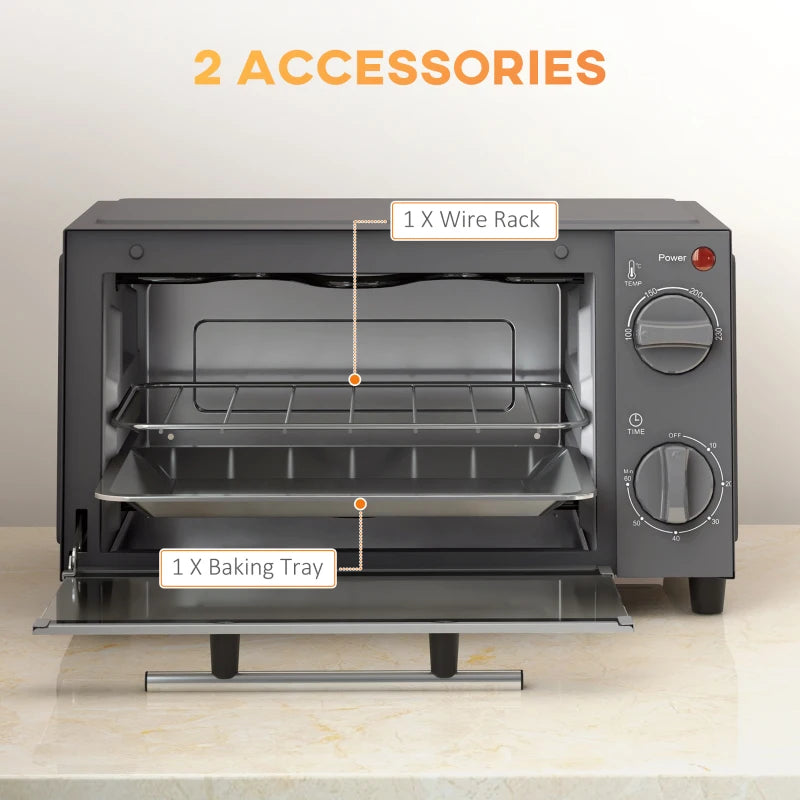 Compact 9L Mini Oven & Electric Grill - Adjustable Temp, Timer, Dishwasher Safe Tray, 750W, Grey Countertop Toaster Oven