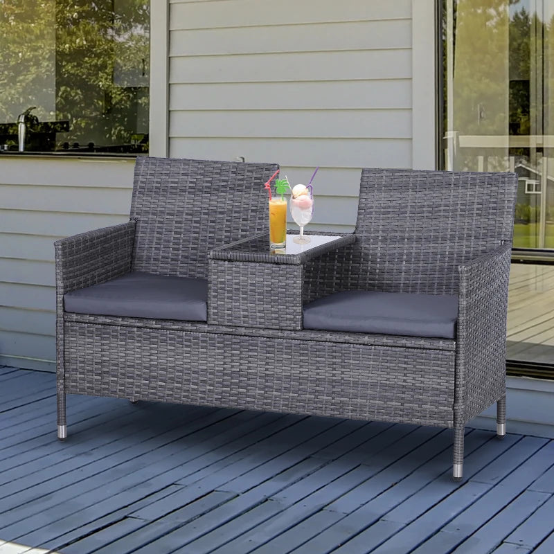 Grey Rattan 2-Seater Outdoor Garden Bench with Centre Table