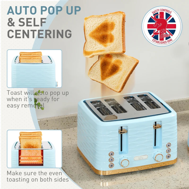 Light Blue 3000W Kettle & 4 Slice Toaster Set - 1.7L Capacity, 7 Browning Controls, Easy Clean Crumb Tray