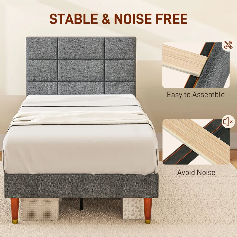 Stylish Grey Upholstered Single Bed Frame with Slats 161x208x121cm for Modern Bedrooms