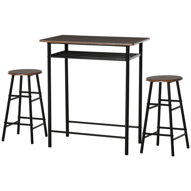 Stylish Black and Oak Bar Table Set with Stools, Footrest & Storage Shelf for Kitchen, Dining Room, Pub, Cafe
