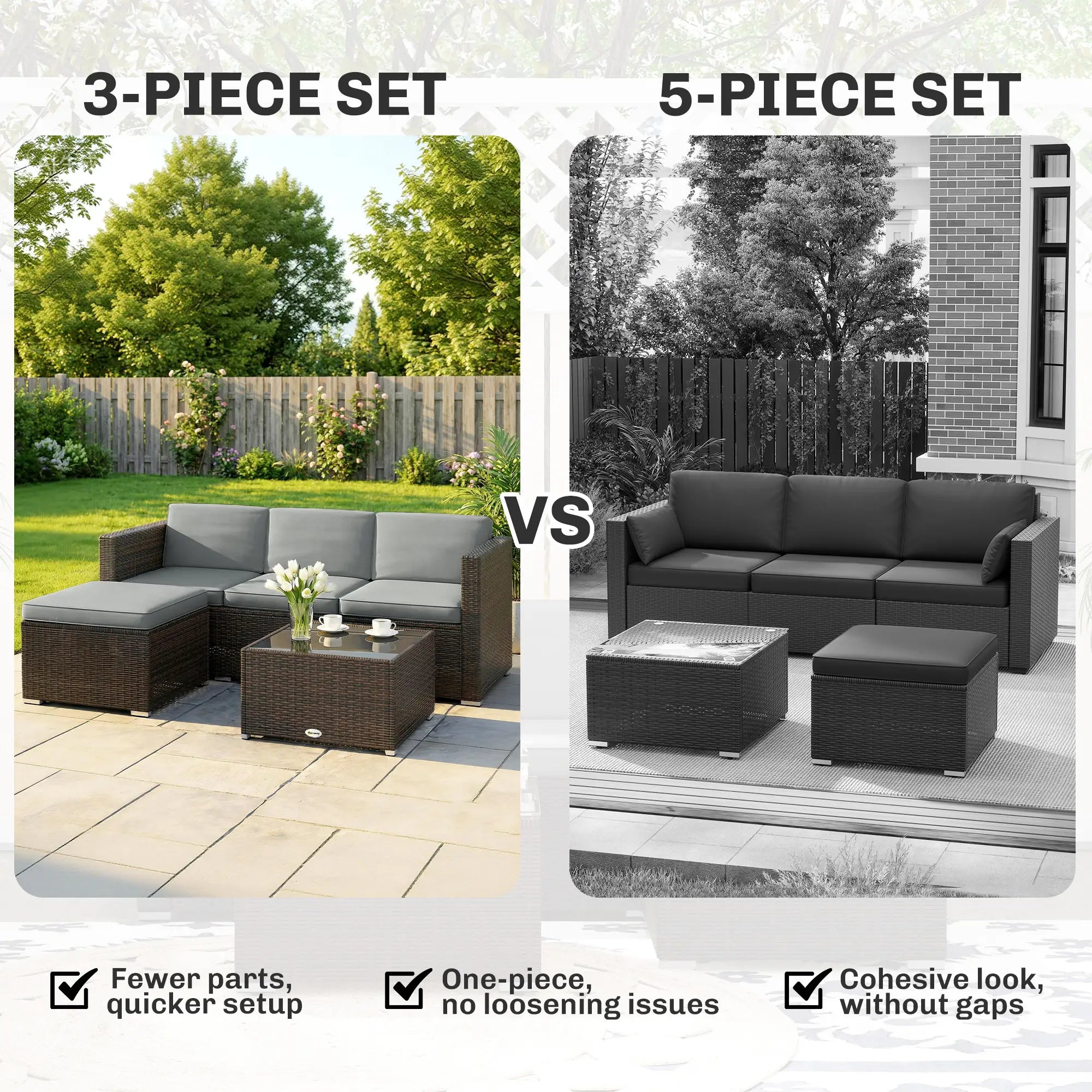 Light Grey 3-Piece Rattan Corner Lounge Set with Cushions – Compact Garden Conversation Sofa Suite