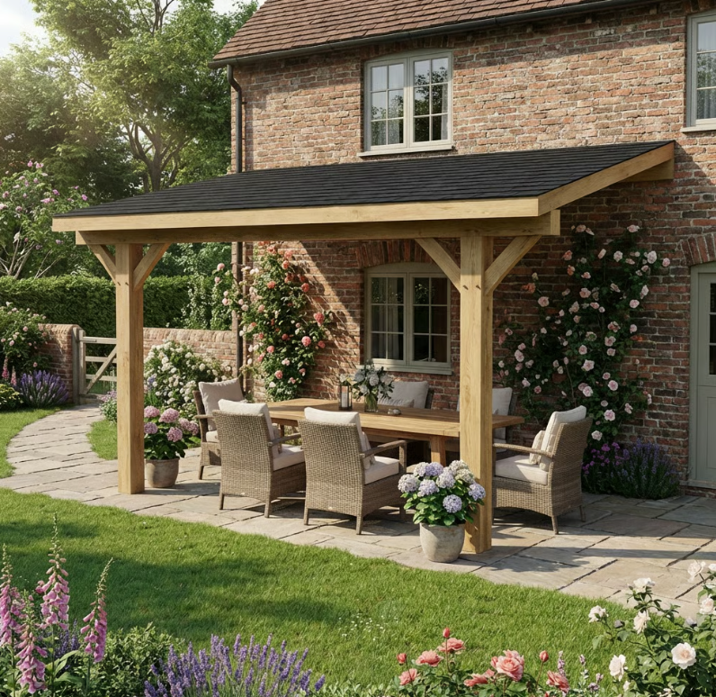 Ruby Oak Lean-To Gazebo with Katepal Black Shingle Roof