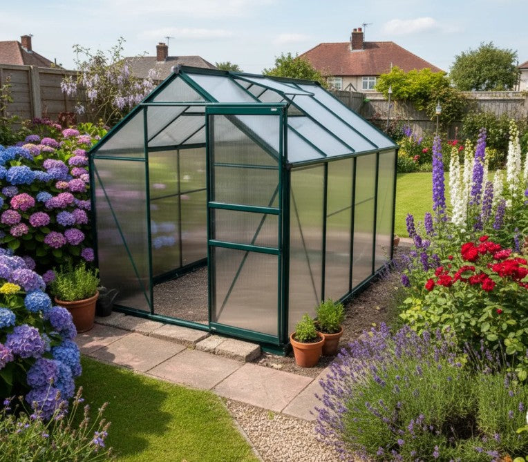 Dark Green 6ft x 8ft Polycarbonate Walk-In Greenhouse with Sliding Door and Window