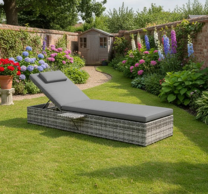 Grey Rattan Sun Lounger with Cushion & Tea Tray - 5-Level Reclining Outdoor Patio Furniture