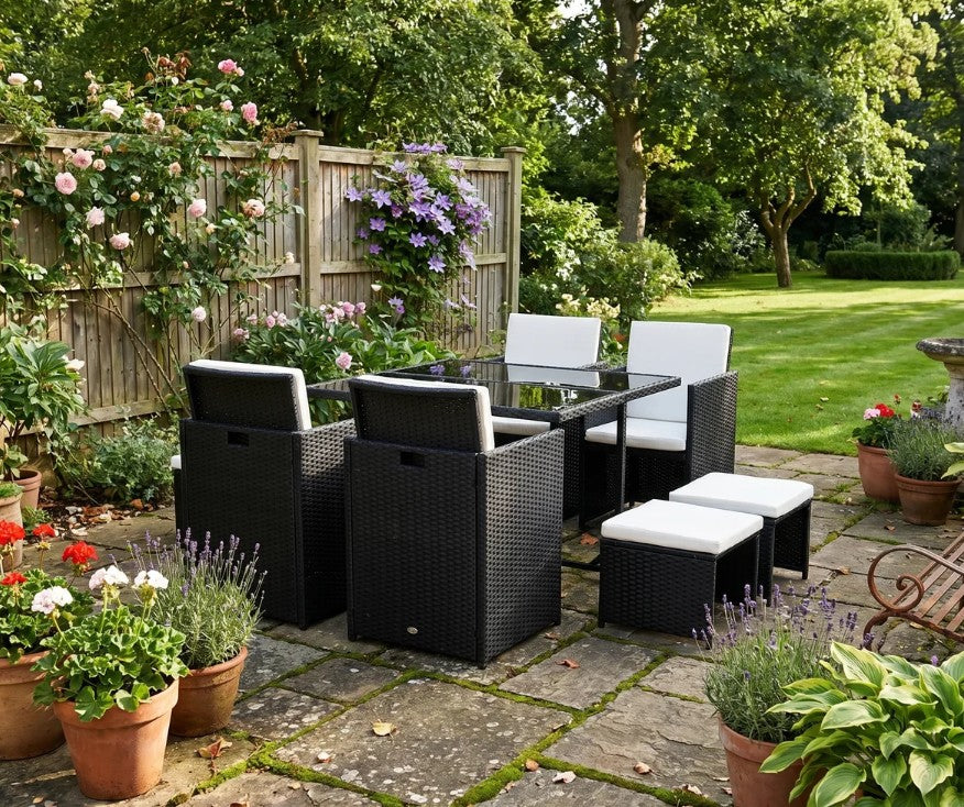 Black 9 Piece Rattan Dining Set With Glass Top Table & White Cushions